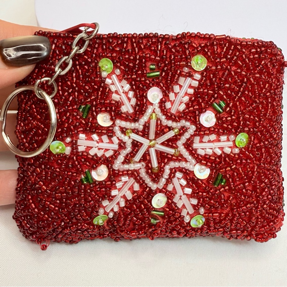 Red Beaded Snowflake Christmas Keychain Pouch